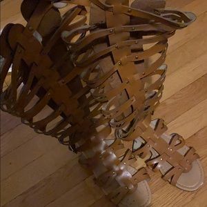 Tan zip up knee high sandals